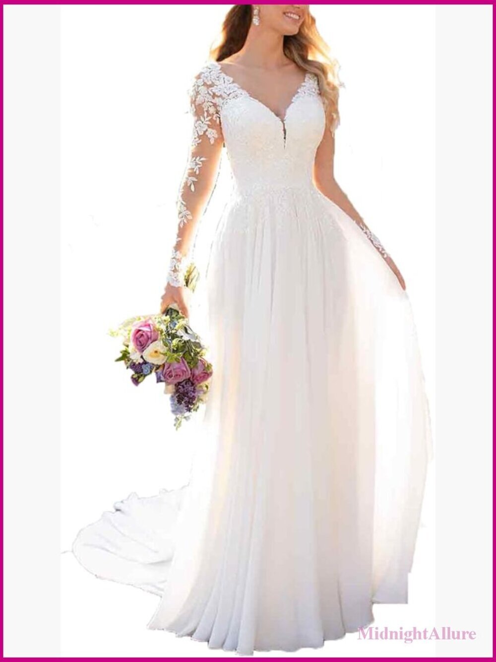 A-Line Chiffon Lace Applique Wedding Dress Long Sleeves Floor Length